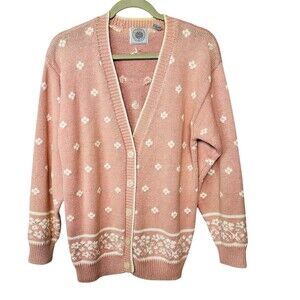 Vintage Cape Isle Knitters Cardigan Sweater Womens S Pink Floral V-Neck